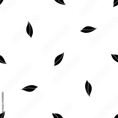 Seamless pattern of repeated black leaflet symbols. Elements are evenly spaced and some are rotated. Vector illustration on white background