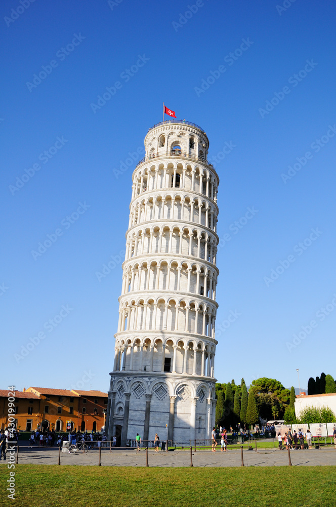 The Leaning Tower of Pisa with tourists, Tuscany Italy.