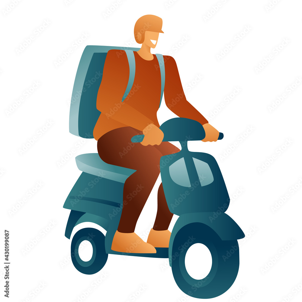 A courier guy on a scooter rides with a courier bag, on a white background. Fast delivery of food and ready meals from restaurants, a man in a helmet delivers the order. 