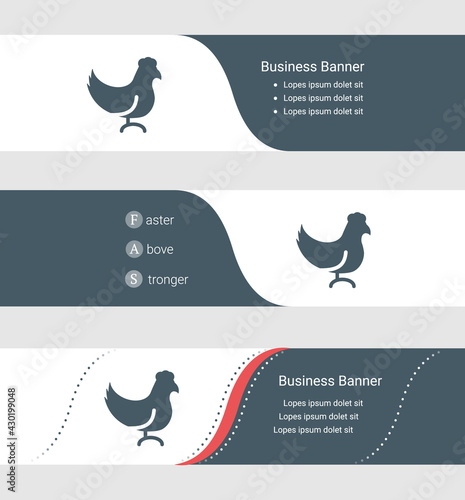 Set of blue grey banner, horizontal business banner templates. Banners with template for text and chicken symbol. Classic and modern style. Vector illustration on grey background