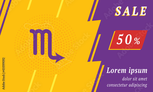 Sale promotion banner with place for your text. On the left is the zodiac scorpio symbol. Promotional text with discount percentage on the right side. Vector illustration on yellow background