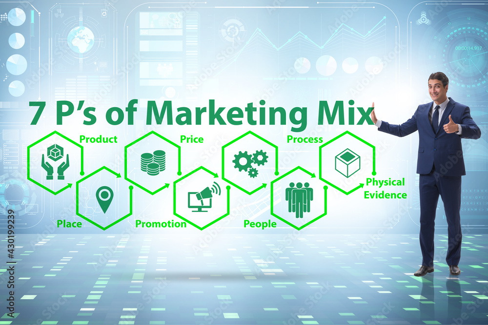 Businessman in the concept of 7ps of marketing mix Businessman in the concept of 7ps of marketing mix