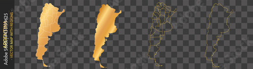 set of 4 gold political maps of Argentina with regions isolated on transparent background	
