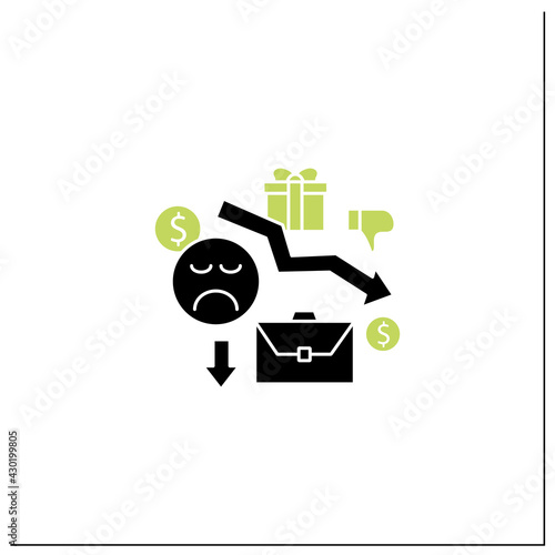 Motivation glyph icon. Reduce work motivation. Work trouble. Unhappy workers. Efficiency decline.Universal basic income concept.Filled flat sign. Isolated silhouette vector illustration