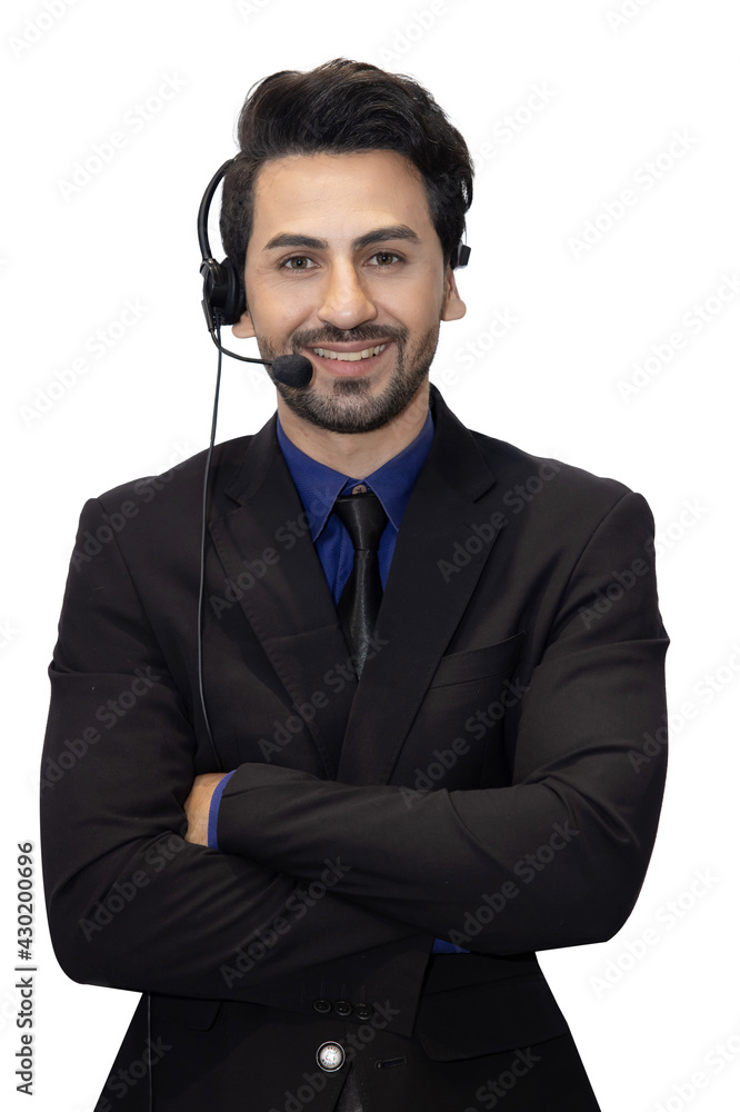 Handsome Telemarketer Guy in Black Suit Folded His Arms with Confidence Handsome Telemarketer Guy in Black Suit Folded His Arms with Confidence