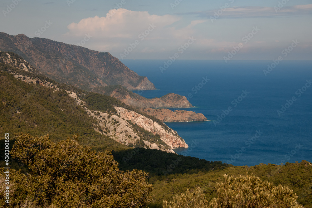 Great scenery of bay and mountains. Mediterranean sea coast. Nature of Turkey.