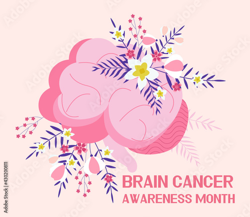 Brain cancer awareness month concept vector. Medical event is celebrated in May. Neurosurgeon template for medical landing page. Brain on boho floral