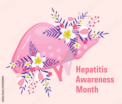 Liver awareness moth concept vector. Medical event is celebrated in October. Tiny doctors treat the liver. Trendy boho flower background