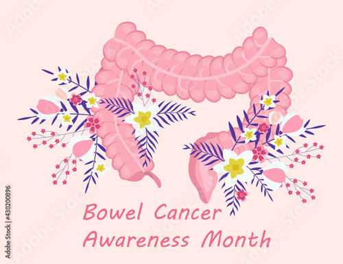 Bowel cancer awareness month concept vector. Medical event is observed in April. Human intestine on boho floral background. Tropical flowers and leaves