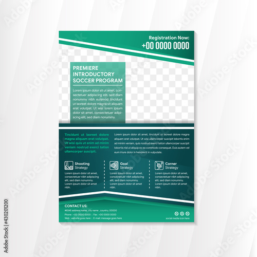 Soccer program flyer design template use vertical layout. multicolored green gradient background combined with white color. Rectangle shape for space of photo collage.