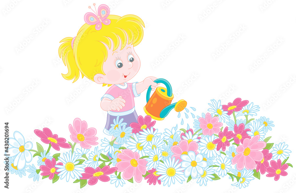 Happy little girl watering colorful garden flowers on a pretty small flowerbed on a summer day, vector cartoon illustration isolated on a white background Happy little girl watering colorful garden flowers on a pretty small flowerbed on a summer day, vector cartoon illustration isolated on a white background