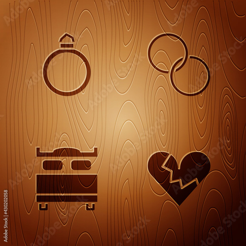 Set Broken heart or divorce, Diamond engagement ring, Bedroom and Wedding rings on wooden background. Vector