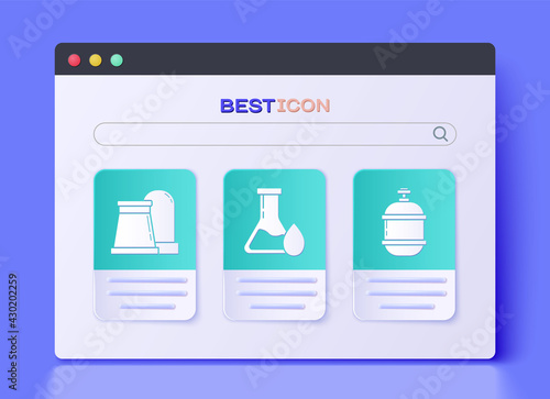 Set Oil petrol test tube, Oil and gas industrial factory building and Propane gas tank icon. Vector
