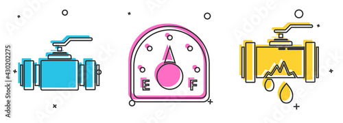 Set Industry metallic pipes and valve, Motor gas gauge and Broken metal pipe with leaking water icon. Vector