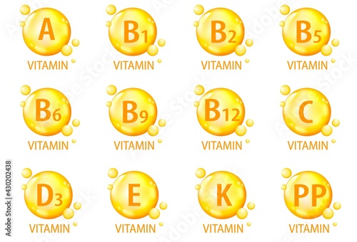 Vitamin A, B1, B2, B5, B6, B9, B12, C, D3, E, K1, PP. 3d icons set. Gelatin capsules. Vitamin complex. The concept of a healthy lifestyle, nutrition. Collection of round signs. Vector illustration.
