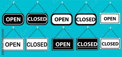 Open, Closed. Door sign, plate. Important information about the opening, closing of a store or other establishment. Collection of white, black banners on a turquoise background. Vector image
