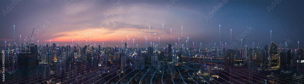 Smart city dot point connect with gradient line, connection technology metaverse concept. Bangkok, Thailand night city banner with big data. 