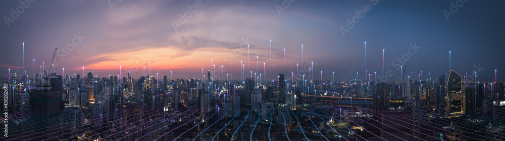 Smart city dot point connect with gradient line, connection technology metaverse concept. Bangkok, Thailand night city banner with big data.