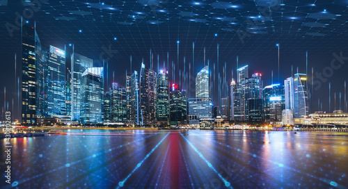 Smart city dot point connect with gradient grid line, connection technology metaverse concept. Night city banner with big data. 