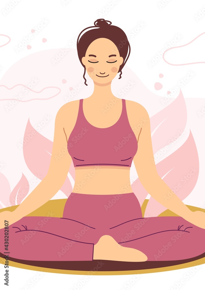 Woman meditating. Yoga, relax, meditation concept. Vector illustration in flat cartoon style	