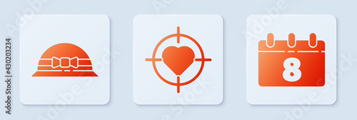 Set Heart in the center of target aim, Elegant women hat and Calendar with 8 March. White square button. Vector