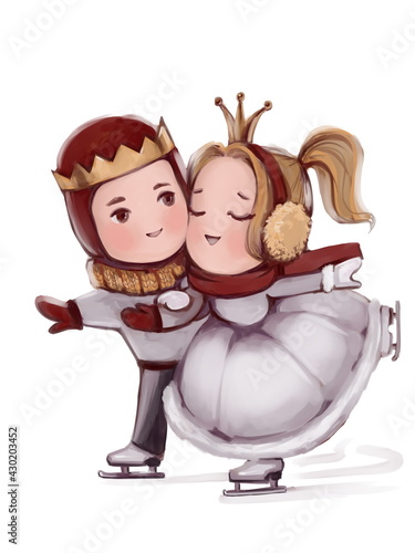 Hand drawn   prince and princess ice skating on the white background