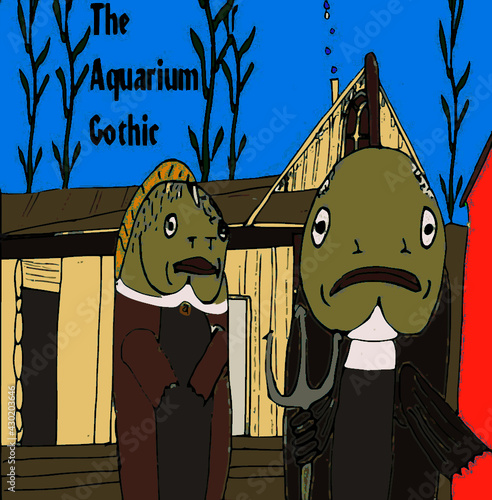 Caricature of American Gothic with Fish Aquarium Gothic
