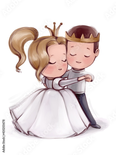 Hand drawn  dancing prince and princess on the white background