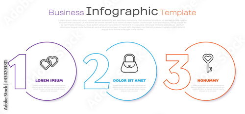 Set line Two Linked Hearts, Handbag and Key in heart shape. Business infographic template. Vector
