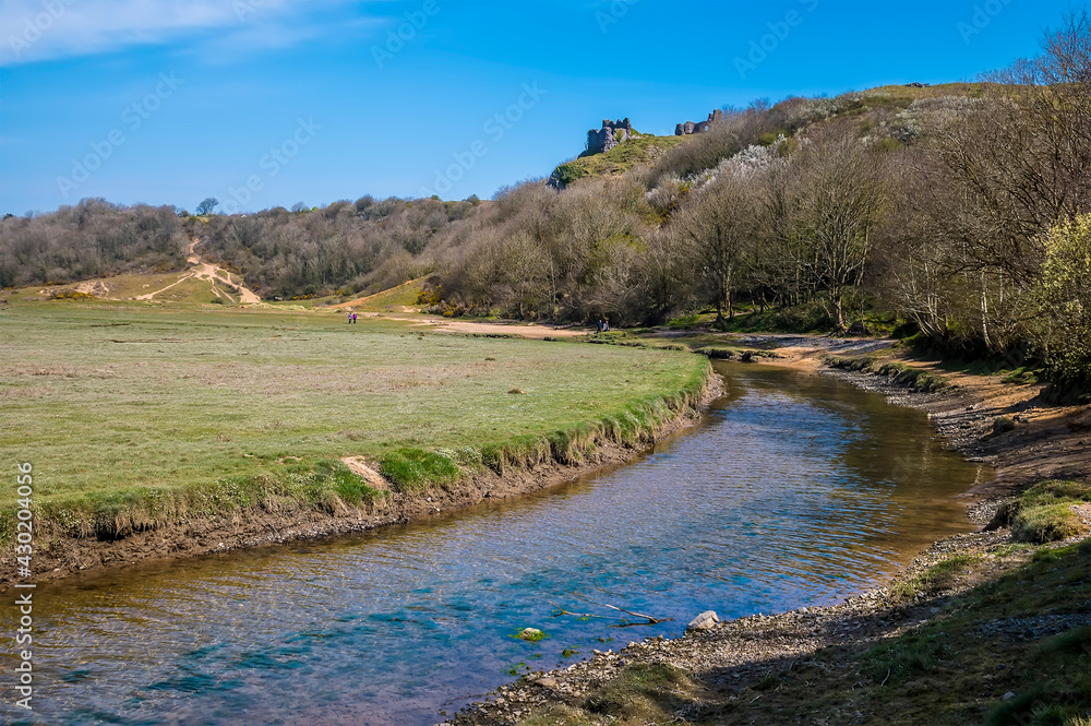 Obraz premium A view looking back along Pennard Pill stream towards the castle ruins, Gower Peninsula, Swansea, South Wales on a sunny day
