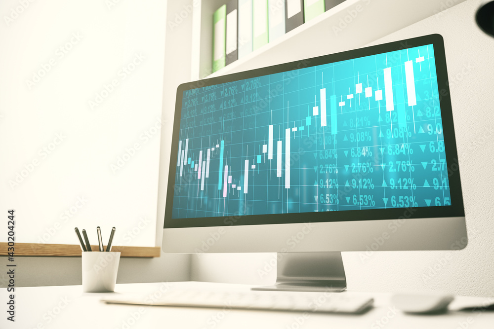 Abstract creative financial graph on modern laptop screen, forex and investment concept. 3D Rendering Abstract creative financial graph on modern laptop screen, forex and investment concept. 3D Rendering