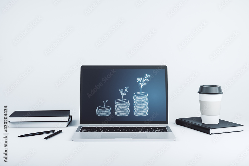 Creative abstract cash savings sketch on modern computer monitor, success and solution concept. 3D Rendering Creative abstract cash savings sketch on modern computer monitor, success and solution concept. 3D Rendering