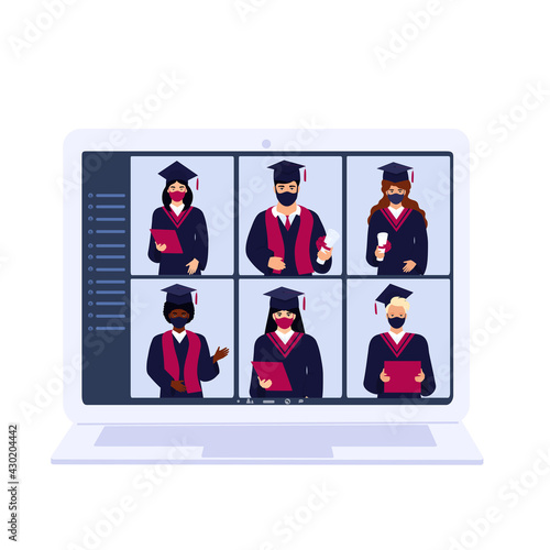 A group of multiethnic graduates in gowns and mortarboards celebrate graduation during coronavirus quarantine. Virtual online ceremony on a laptop monitor. Diverse students wearing protective masks