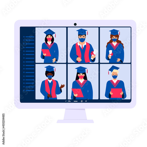 A group of multiethnic graduates in gowns and mortarboards celebrate graduation during coronavirus quarantine. Virtual online ceremony on a computer monitor. Diverse students wearing protective masks