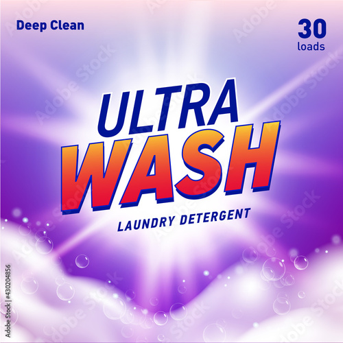 Detergent package design template with lens flare and realistic soap foam.