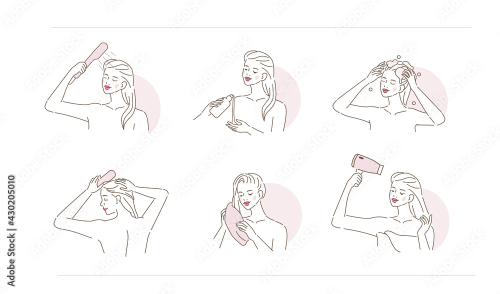 Beauty Girl Take Care of her Hair. Instruction How to Wash Hair Properly.  Woman Washing, Drying Hair with Towel and Hairdryer. Beauty Haircare  Routine. Flat Line Vector Illustration and Icons set. Stock
