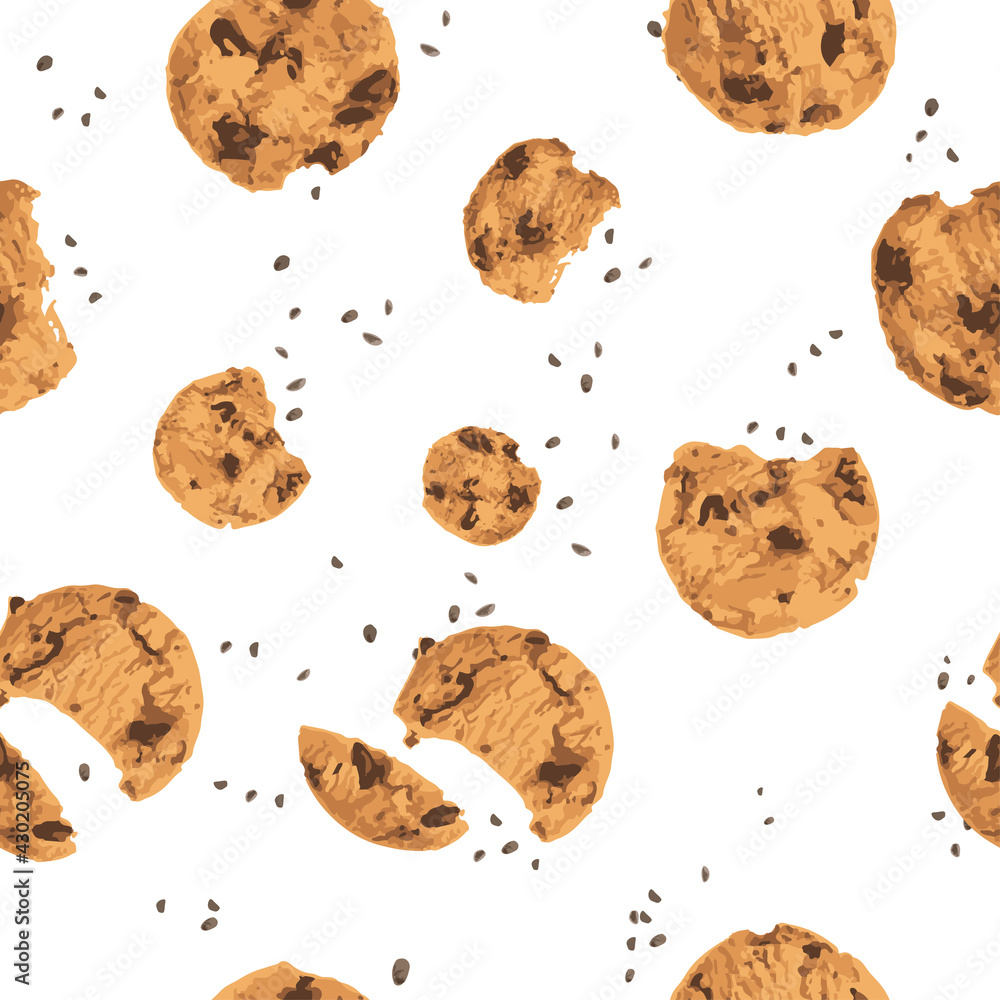 Chocolate chips cookies top view, seamless pattern vector illustration on white background Chocolate chips cookies top view, seamless pattern vector illustration on white background