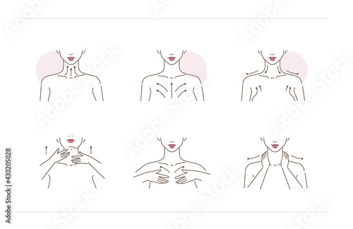Beauty Girl Take Care of her Neck, Low Neckline and Shoulders. Woman Making Neck Massage by Lines. Skin Care Routine, Hygiene and Moisturizing Concept. Flat Vector Illustration and Icons set.