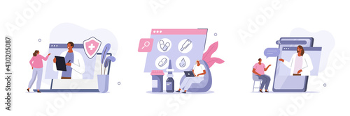 People Characters having Consultation with Doctors Online on Laptop and Smartphone and Buying Pharmacy Online. Health Care Services Concept. Flat Cartoon Vector Illustration and Icons Set.