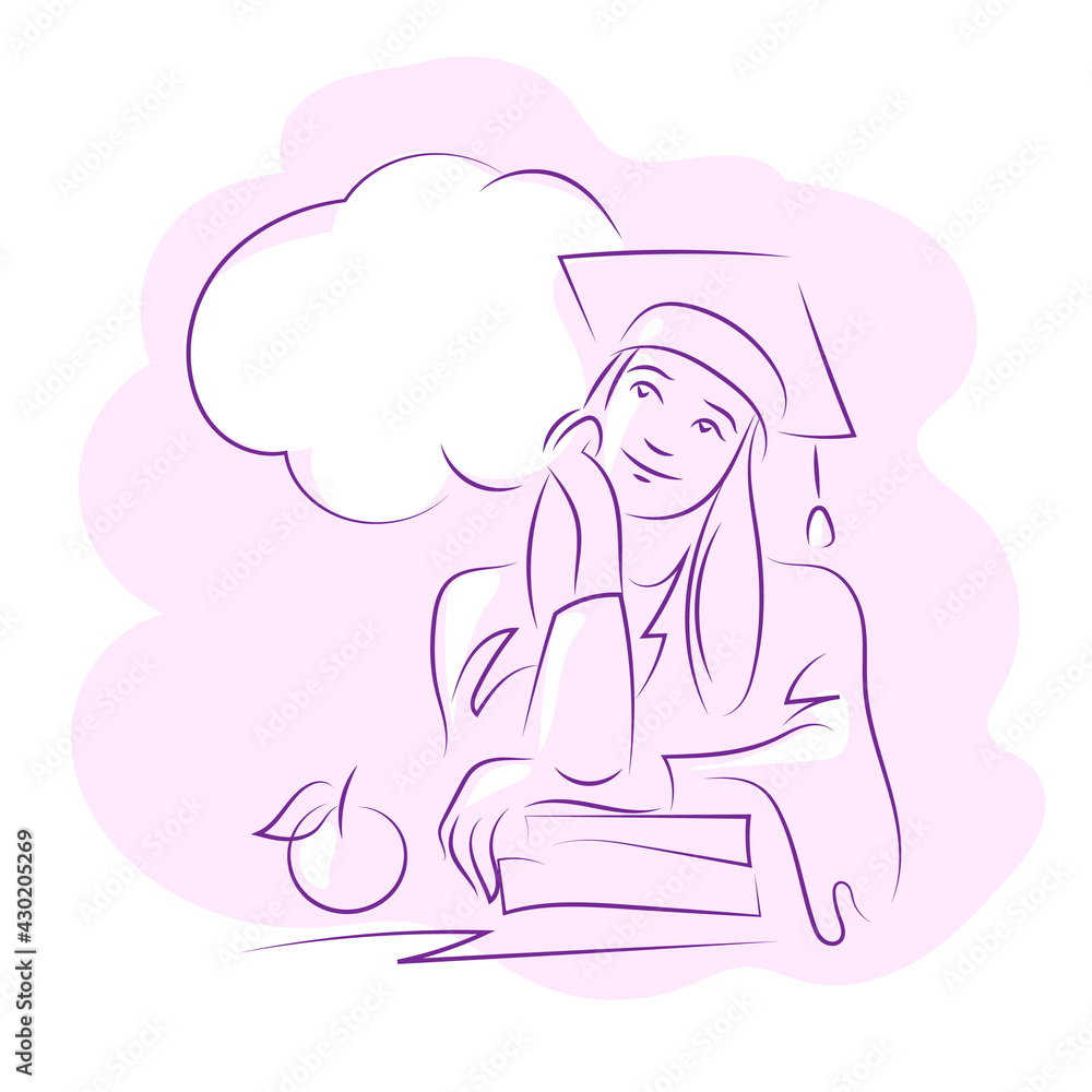 A young girl graduate of the university in a gown and an academic hat dreams of the future. Line drawing graphic vector illustration. A young girl graduate of the university in a gown and an academic hat dreams of the future. Line drawing graphic vector illustration.