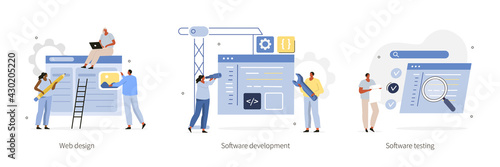 Various Programming and Coding Icons. Front end and Back end  Web Development Process. Web Design, Software Development and Testing Concepts. Flat Cartoon Vector Illustration.