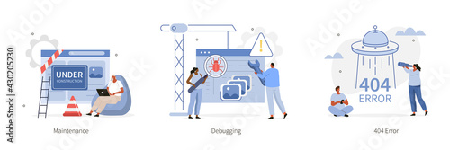 Various Programming and Coding Icons. Under Construction, Debugging and 404 Error Concepts. Characters working in Software Development Industry. Flat Cartoon Vector Illustration.