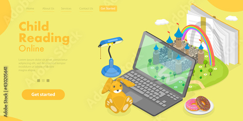 3D Isometric Flat Vector Conceptual Illustration of Child Reading Online.