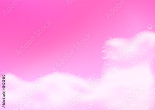 Beautiful bright background with Bath pink foam and empty place for your text. Shampoo bubbles texture. Sparkling pink shampoo and bath lather. Vector realistic illustration.