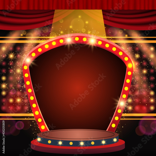 Background with red curtain and arch banner. Design for presentation, concert, show