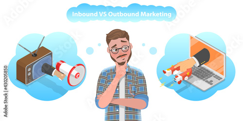 3D Isometric Flat Vector Conceptual Illustration of Inbound vs Outbound Marketing.