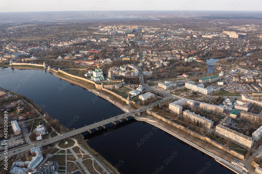 Aerial view of the central part of Pskov, welcome to Russia, the tourist center of the Russian city. Aerial view of the central part of Pskov, welcome to Russia, the tourist center of the Russian city.
