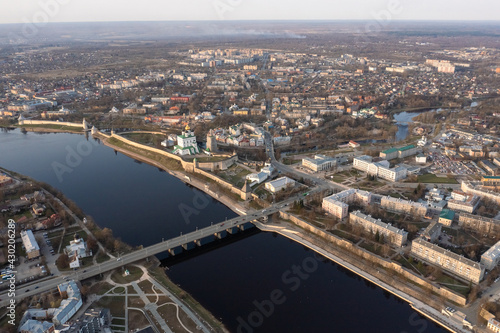 Aerial view of the central part of Pskov, welcome to Russia, the tourist center of the Russian city.