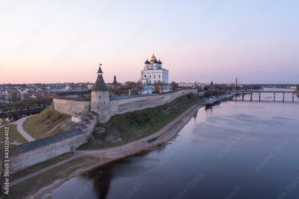 View of the Pskov Kremlin and the Trinity Cathedral at dawn. Pskov, Russia
