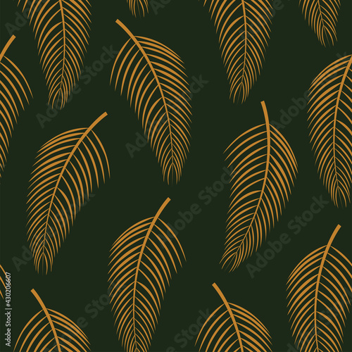 Fototapeta Naklejka Na Ścianę i Meble -  Vintage vector illustration with palm seamless pattern Golden lush foliage on deep green background